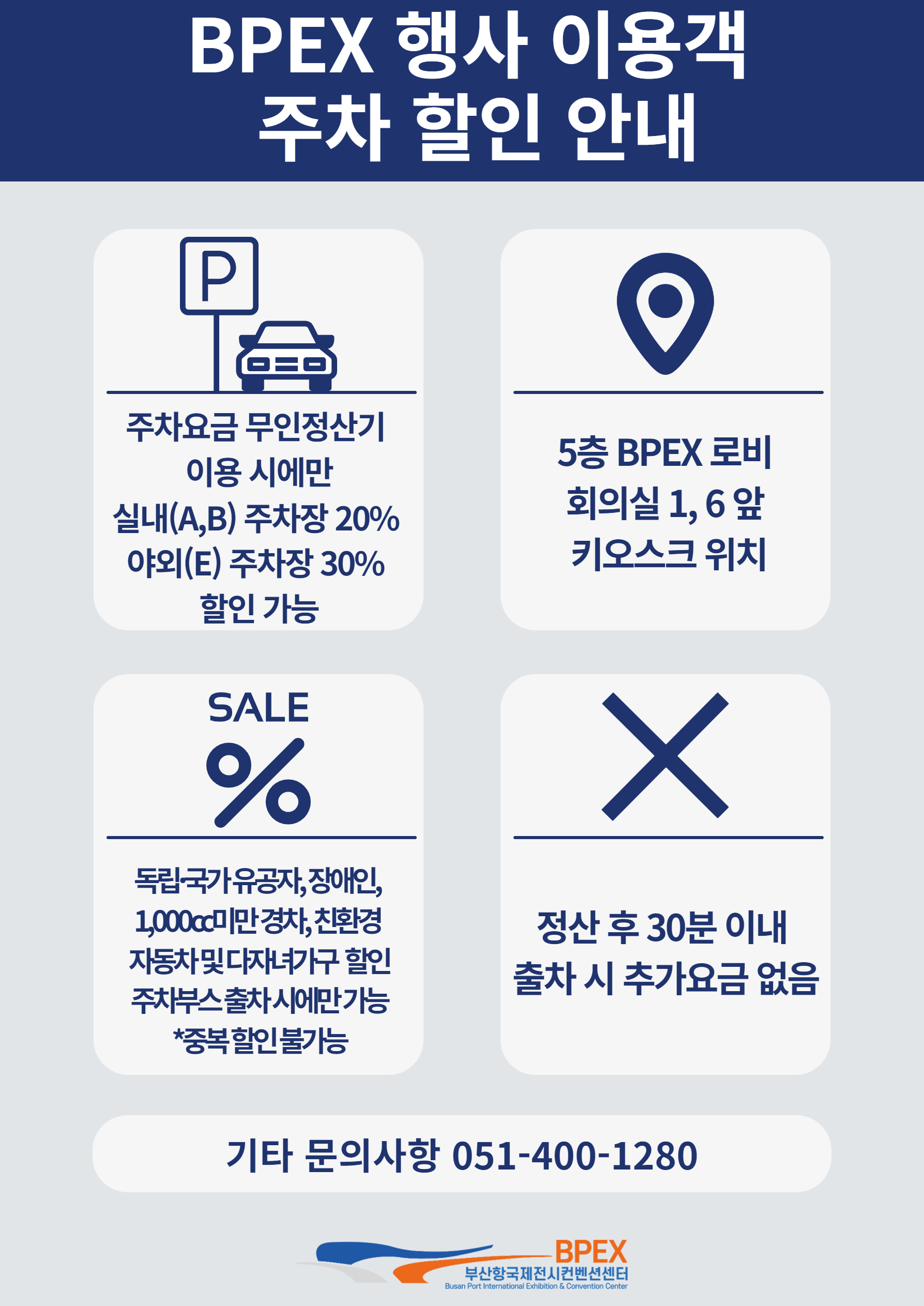 BPEX 행사 이용객 주차 할인 안내 1.주차요금 무인정산기 이용 시에만 실내(A,B)주차장 20% 야외(E)주차장 30% 할인 가능 2.5층 BPEX로비 회의실 1,6앞 키오스크 위치, 3.독립,국가유공자, 장애인, 1,000cc미만 경차,
친환경 자동차 및 다자녀기구 할인 주차부스 출차 시에만 가능 *중복 할인 불가능 4.정산 후 30분 이내 출차 시 추가요금 없음, 기타 문의사항: 051-400-1280, BPEX 부산항국제전시컨벤션센터